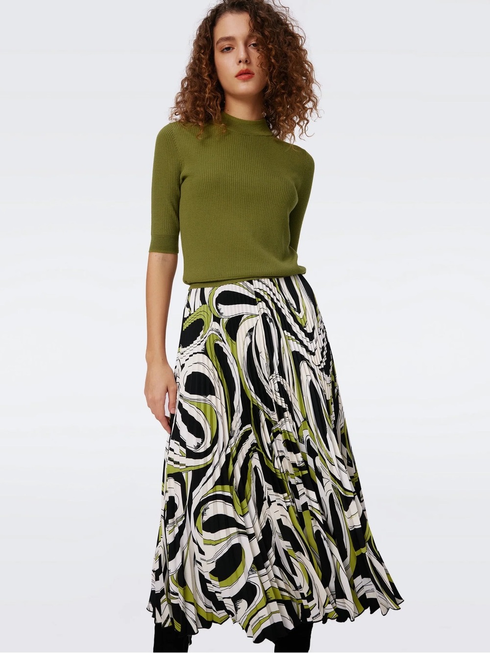 Diane von Furstenberg Mykola Pleated Midi Skirt Cassette Tape Shadow Green NWT